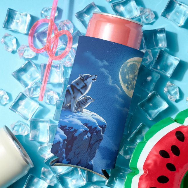 Wolf and Baby Cub Howling at Full Moon Seltzer Can Cooler (In Situ Summer)