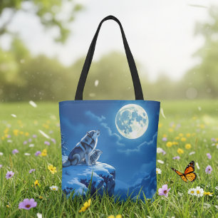 Wolf and Baby Cub Howling at Full Moon Tote Bag