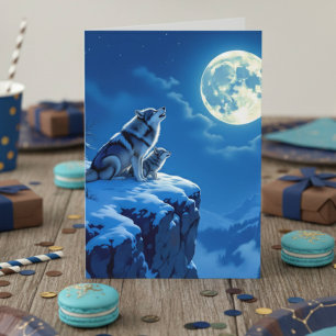 Wolf and Baby Cub Howling at the Moon Birthday Card