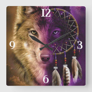 Wolf and Dream Catcher Square Wall Clock