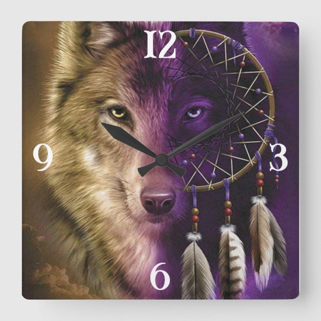 Wolf and Dream Catcher Square Wall Clock (Front)
