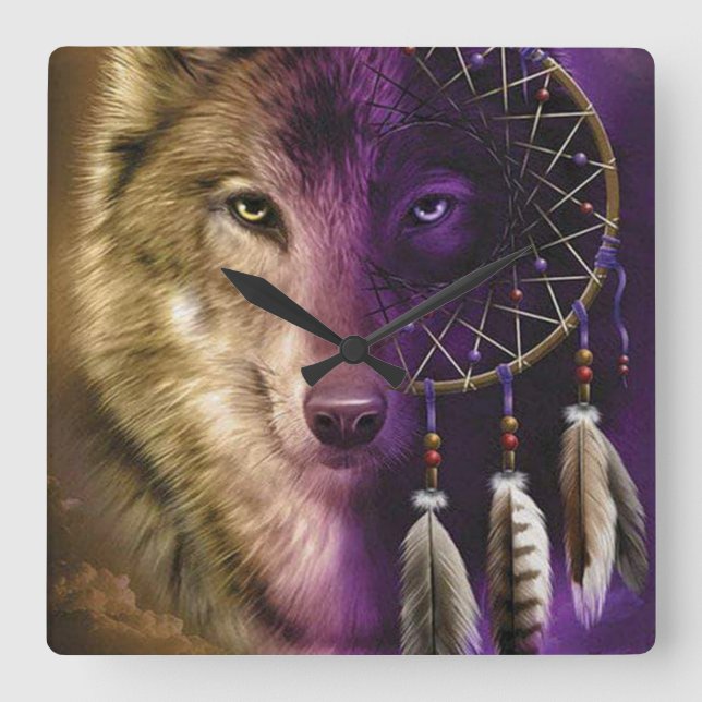 Wolf and Dream Catcher Square Wall Clock (Front)