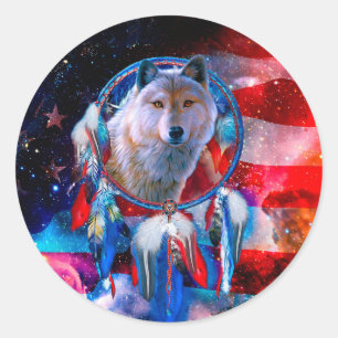 Wolf and Dreamcatcher in american flag painting Classic Round Sticker