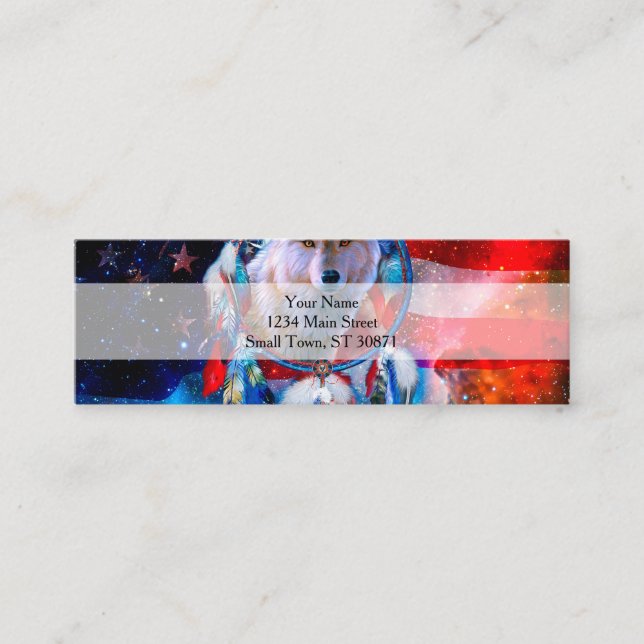 Wolf and Dreamcatcher in american flag painting Mini Business Card (Front)