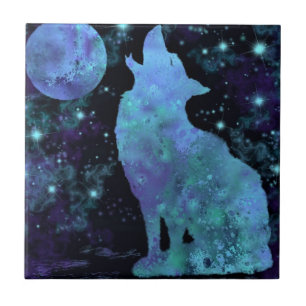 Wolf and Full Moon Ceramic Tile - Painting