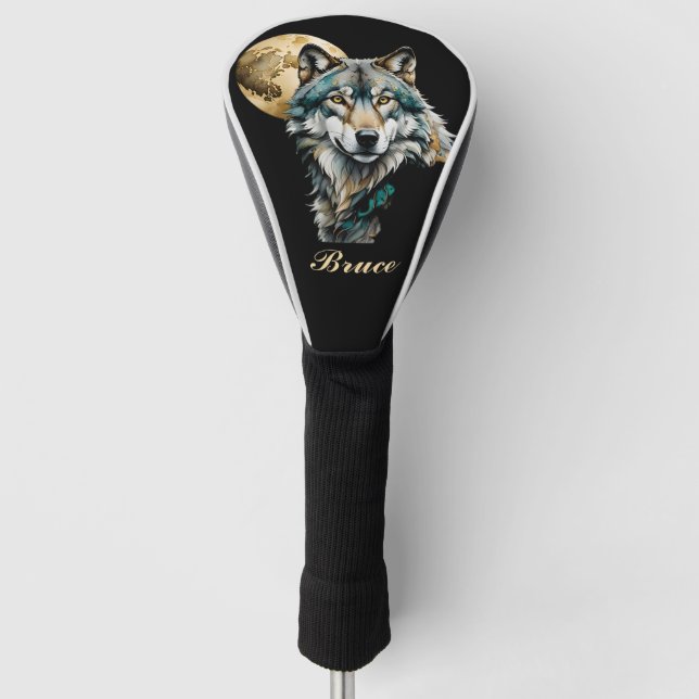 Wolf and Gold Moon *Personalise* Golf Head Cover (Front)