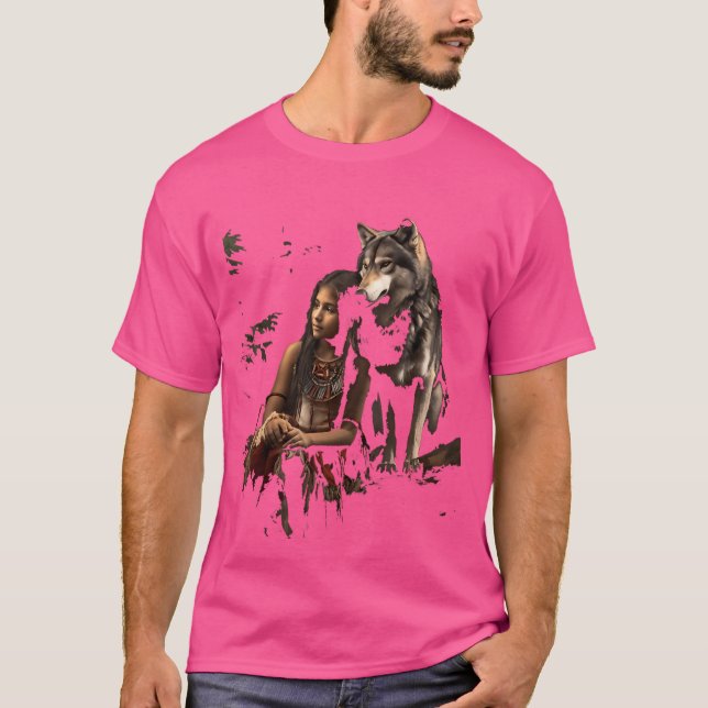 Wolf And Indian Woman Girl Indigenous Ethnic India T-Shirt (Front)