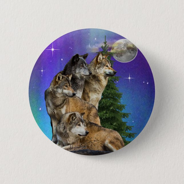 Wolf and Moon 6 Cm Round Badge (Front)
