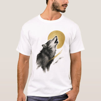 【Wolf and Moon Japanese Ink Art T-Shirt】 T-Shirt