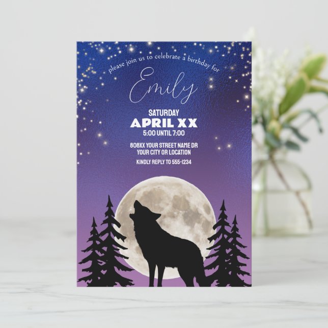 Wolf and Moon Silhouette Under the Stars Invitation (Standing Front)