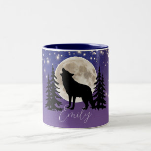 Wolf and Moon Silhouette Under the Stars Two-Tone Coffee Mug