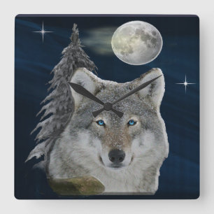 Wolf and Moon Square Wall Clock