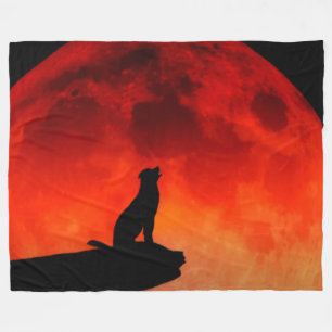 WOLF and ORANGE MOON Fleece Blanket