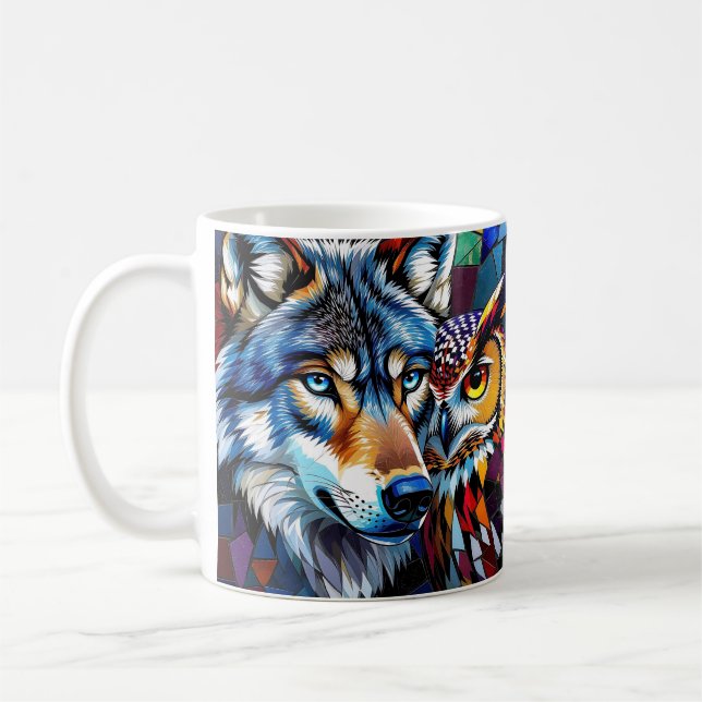 Wolf and Owl Vibrant and Colourful  Coffee Mug (Left)