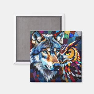 Wolf and Owl Vibrant and Colourful Magnet