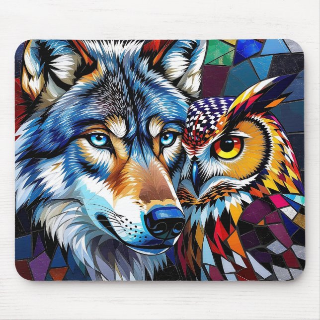 Wolf and Owl Vibrant and Colourful  Mouse Mat (Front)