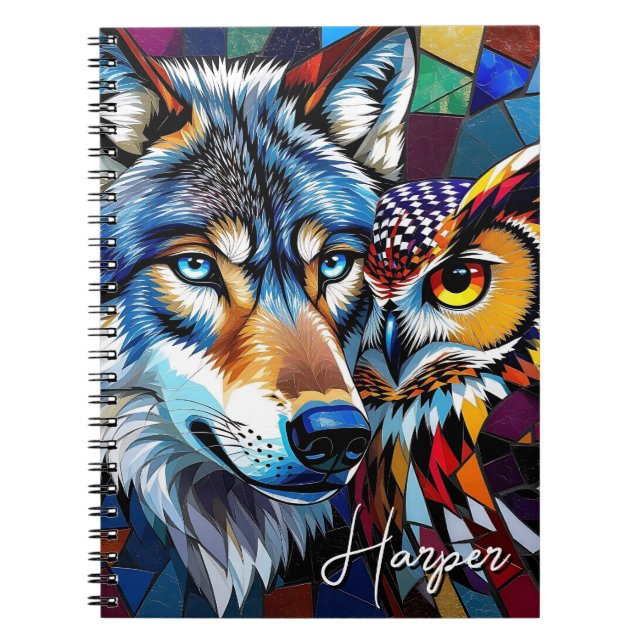 Wolf and Owl Vibrant and Colourful Personalised  Notebook (Front)