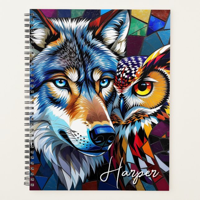 Wolf and Owl Vibrant and Colourful Personalised  Planner (Front)