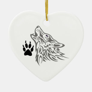 WOLF AND PAW PRINT CERAMIC TREE DECORATION