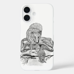 Wolf and Raven black and white design iPhone 16 Case