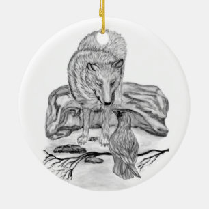Wolf and Raven black and white design Ceramic Tree Decoration