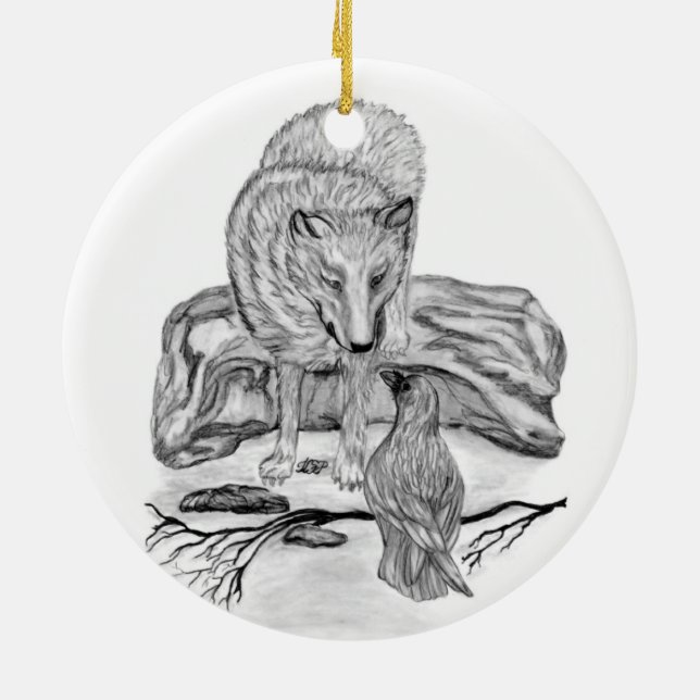 Wolf and Raven black and white design Ceramic Tree Decoration (Back)