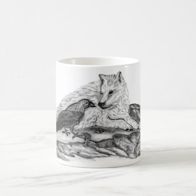 Wolf and Raven black and white design Coffee Mug (Center)