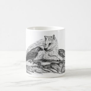 Wolf and Raven - Black and White Design Coffee Mug
