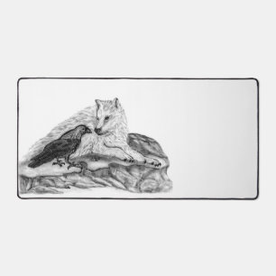 Wolf and Raven black and white design Desk Mat