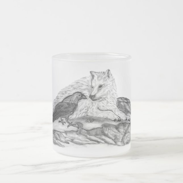 Wolf and Raven - Black and White Design Frosted Glass Coffee Mug (Center)