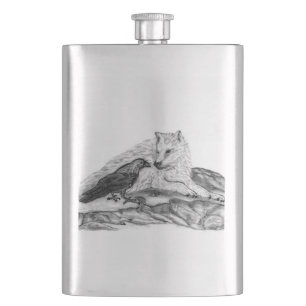 Wolf and Raven black and white design Hip Flask