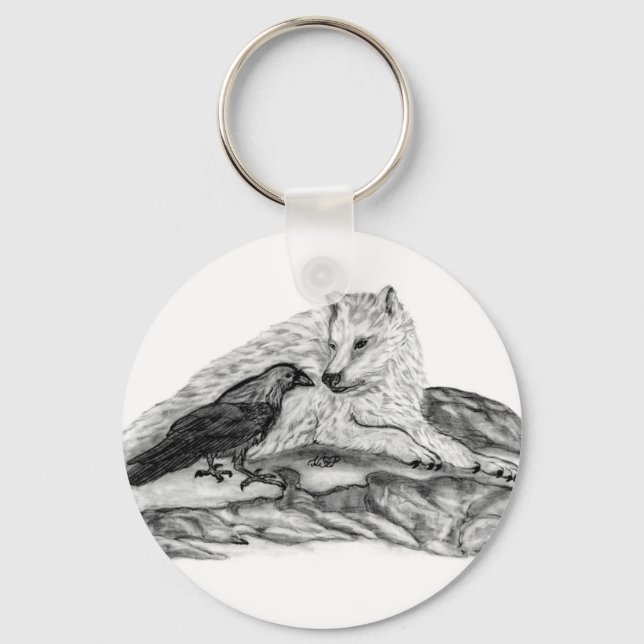 Wolf and Raven black and white design Key Ring (Front)