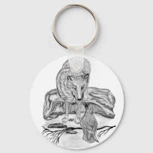 Wolf and Raven black and white design Key Ring