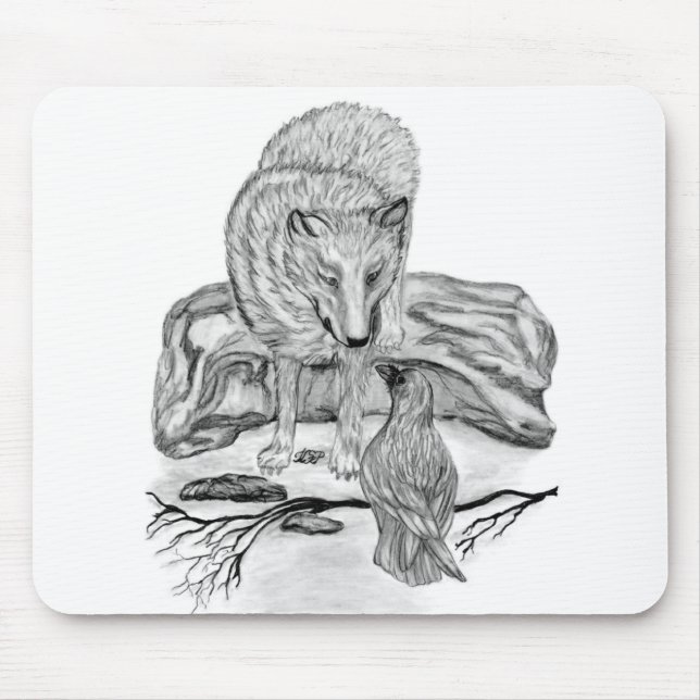 Wolf and Raven black and white design Mouse Mat (Front)