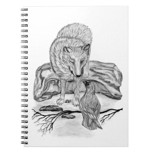 Wolf and Raven black and white design Notebook (Front)