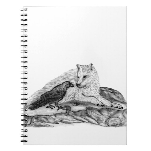 Wolf and Raven black and white design Notebook (Front)
