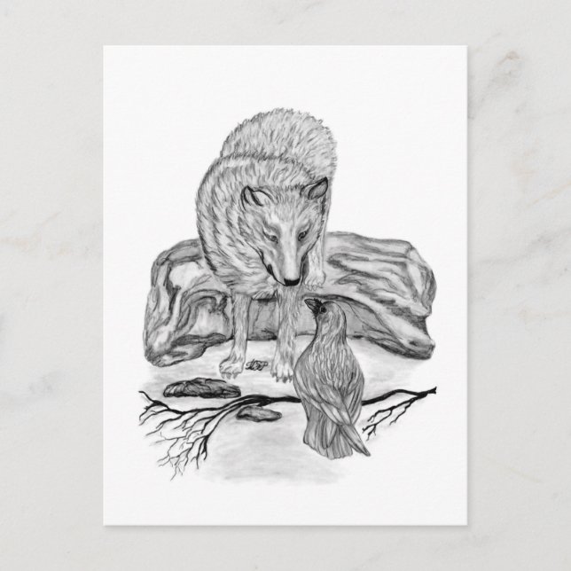 Wolf and Raven black and white design Postcard (Front)