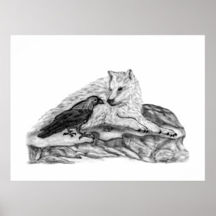 Wolf and Raven black and white design Poster