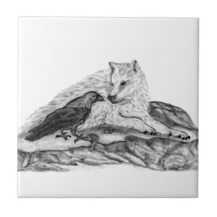 Wolf and Raven black and white design Tile