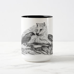Wolf and Raven - Black and White Design Two-Tone Coffee Mug