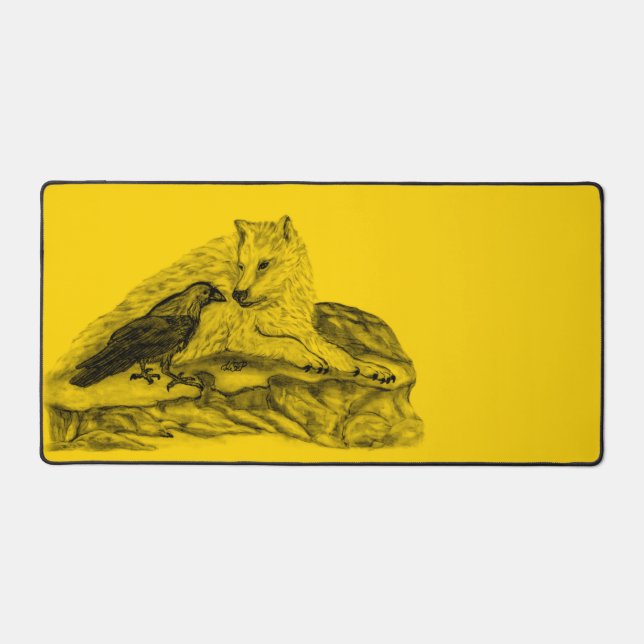 Wolf and Raven black and yellow design Desk Mat (Front)