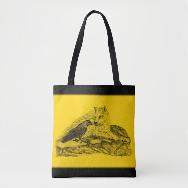 Wolf and Raven - Black and Yellow Design Tote Bag (Front)