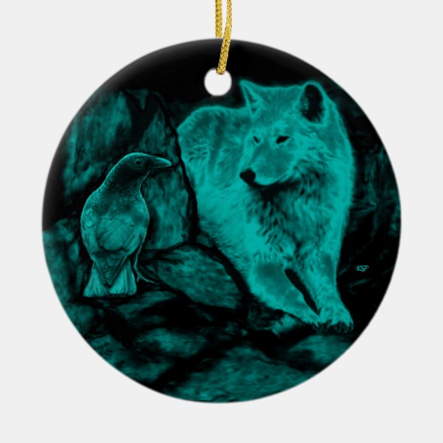 Wolf and Raven in the Night Ceramic Tree Decoration (Front)