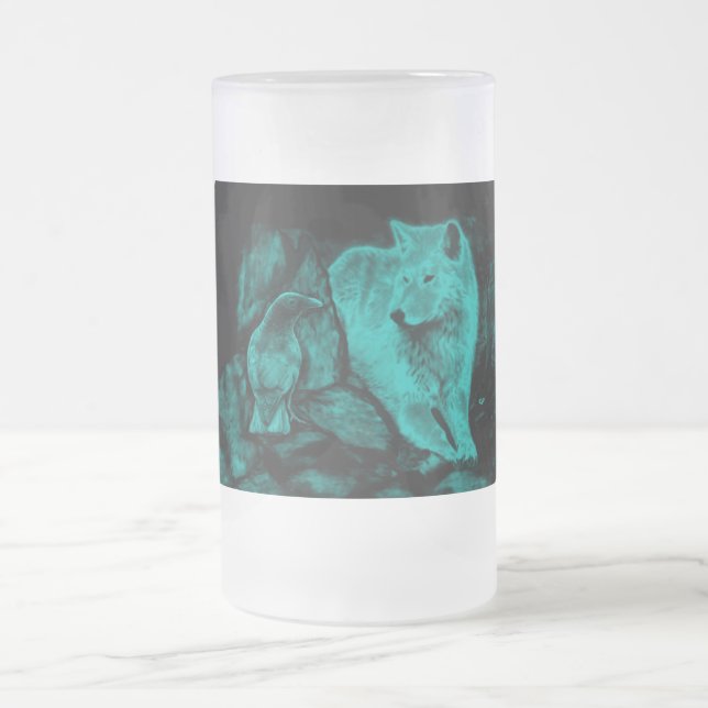 Wolf and Raven in the Night Frosted Glass Beer Mug (Center)