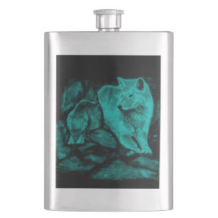Wolf and Raven in the Night Hip Flask