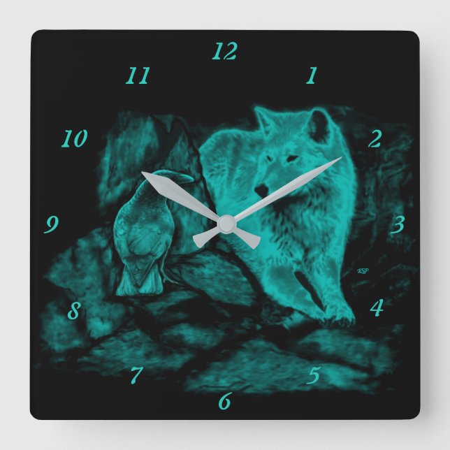 Wolf and Raven in the Night Square Wall Clock (Front)