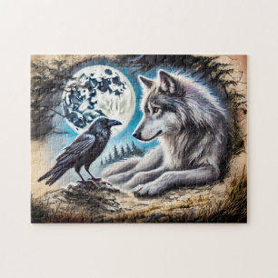 Wolf and Raven on Rock at Full Moon Jigsaw Puzzle