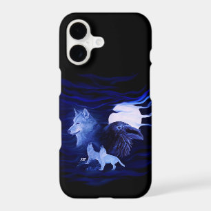 Wolf and Raven with full moon