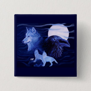 Wolf and Raven with full moon 15 Cm Square Badge