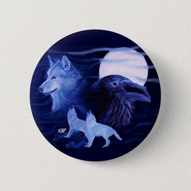 Wolf and Raven with full moon 6 Cm Round Badge (Front)